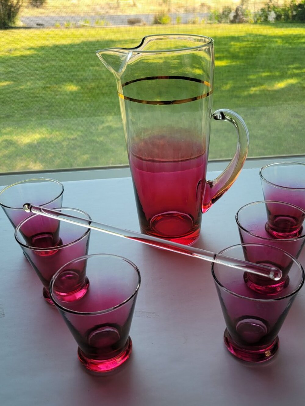 8 pc 1960s Blendo West Virginia Drinkware Set Pitcher Stirrer Glasses Cranberry - Picture 2 of 11